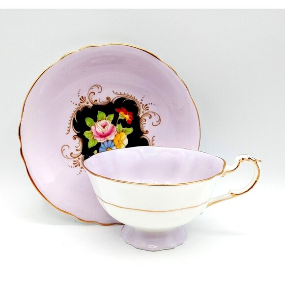 Paragon Teacup and Saucer Pale Mauve w/Multicolored flowers on Black Rare! - Picture 1 of 10